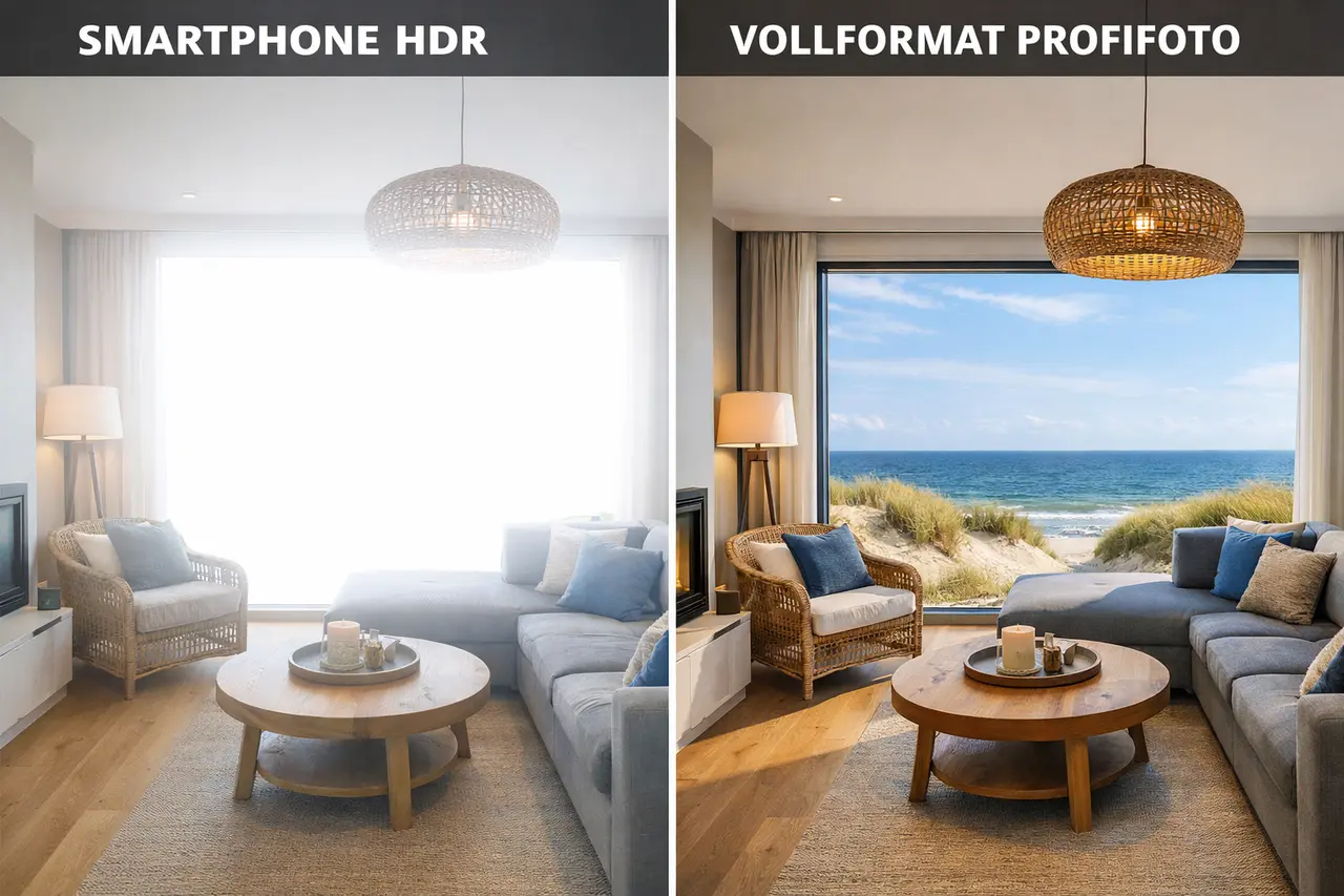 Vergleichsbild: Links ein überbelichtetes Smartphone-Foto mit weißem Fenster, rechts ein professionelles Foto einer Rügen-Ferienwohnung mit klarem Blick auf Ostsee und Dünen.
