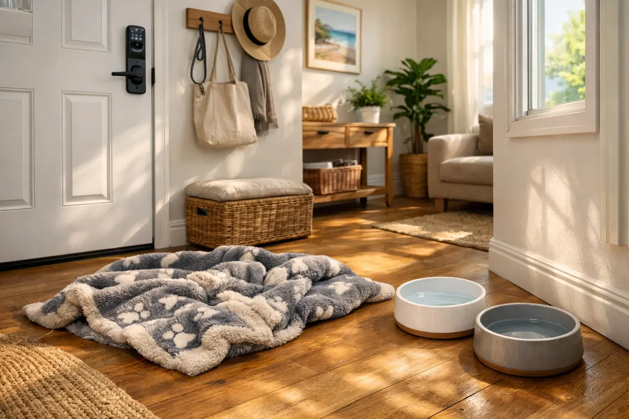 Hundefreundliche Ferienwohnung Fotos: Wassernapf und Hundedecke im Eingangsbereich.