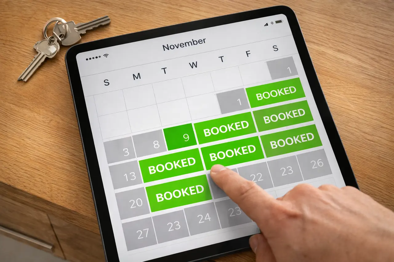 Draufsicht auf ein Tablet, das einen digitalen Buchungskalender zeigt, bei dem viele leere Tage in der Nebensaison gerade grün markiert und als "GEBUCHT" angezeigt werden.