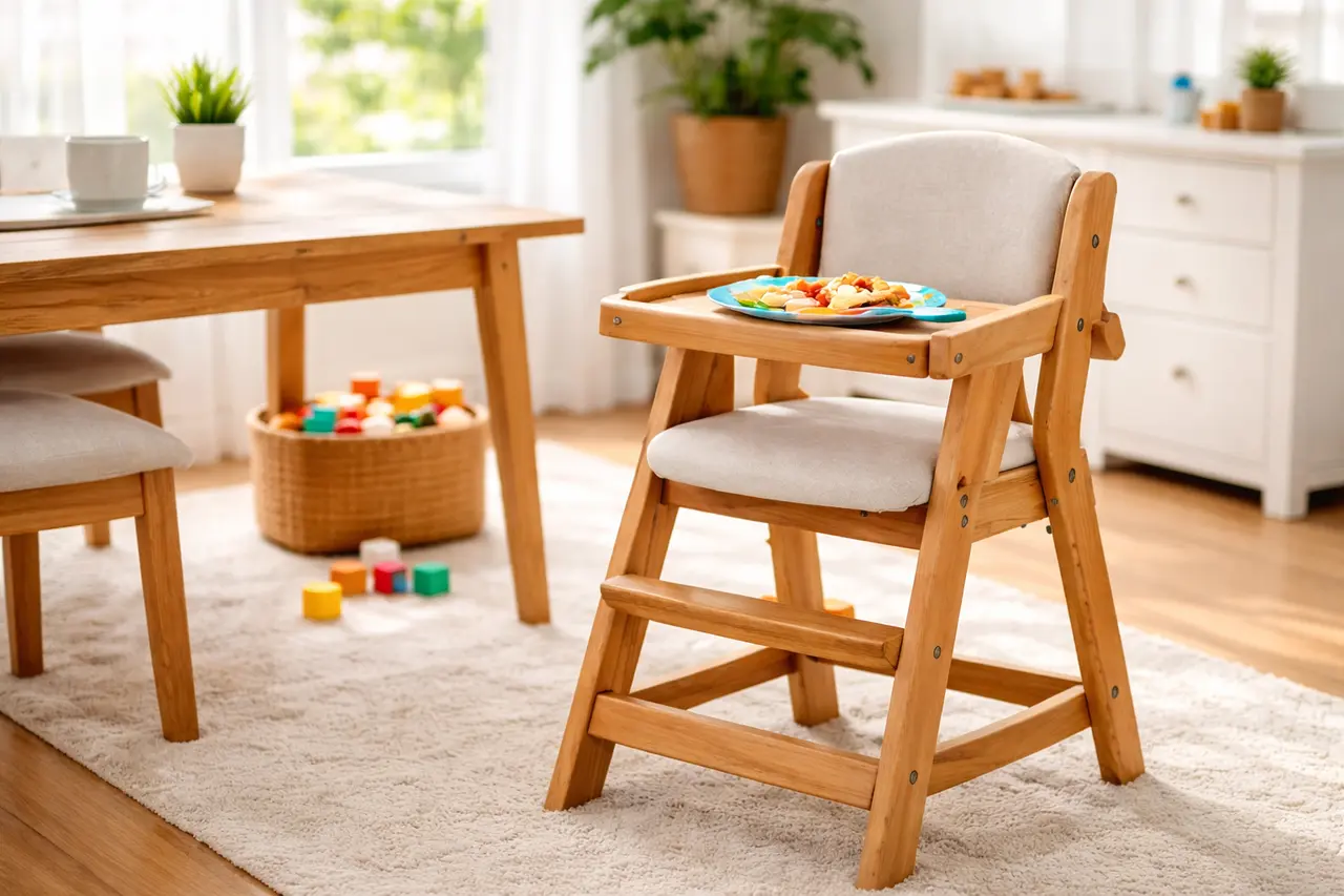 Ein stabiler Hochstuhl am gedeckten Esstisch und ein Spielzeugkorb im Hintergrund einer kinderfreundlichen Ferienwohnung.