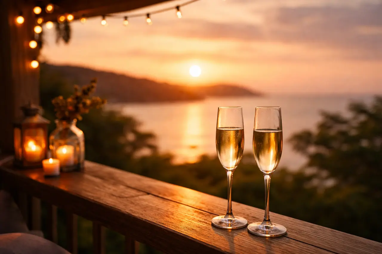Zwei Sektgläser auf dem Balkongeländer im Sonnenuntergang, symbolisch für einen romantischen Paarurlaub.