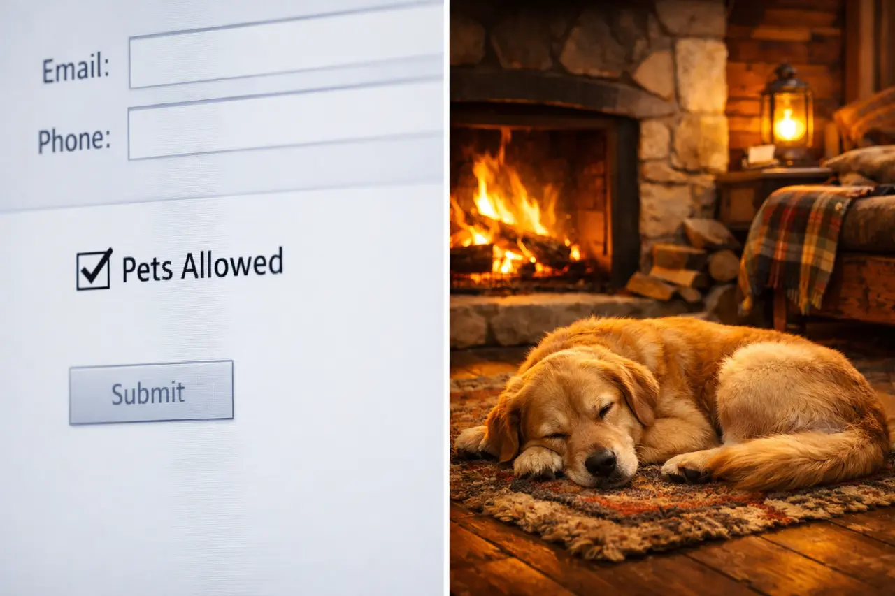 Screenshot einer Buchungsplattform mit dem simplen Haken bei Haustiere erlaubt im Vergleich zu einem emotionalen Hundefoto.