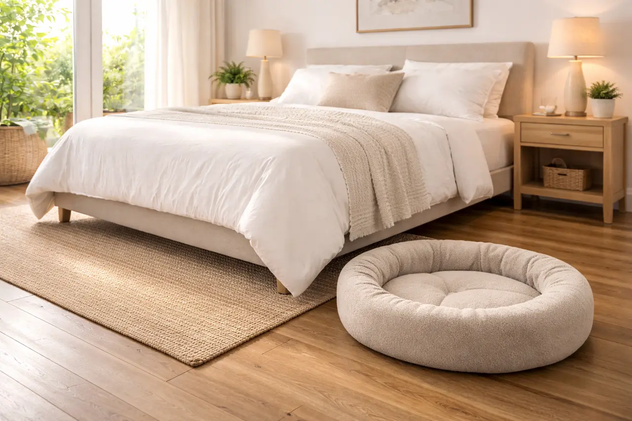 Ein helles Schlafzimmer mit einem frisch bezogenen Doppelbett und einem flauschigen Hundebett direkt daneben auf dem Holzboden.