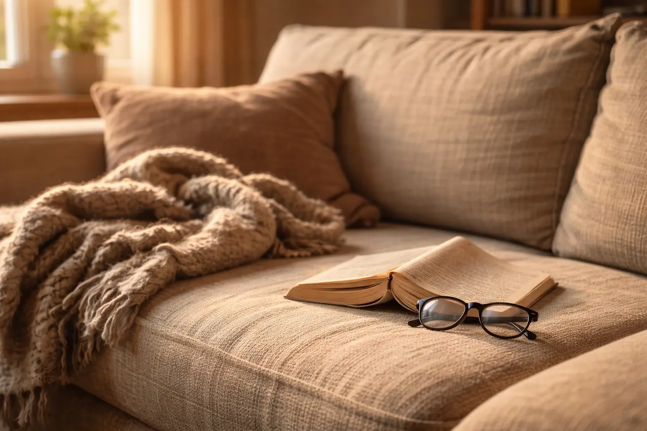 Ein aufgeschlagenes Buch und eine Lesebrille auf einem gemütlichen Sofa, das bewohnt aussieht (Mental Ownership Prinzip).
