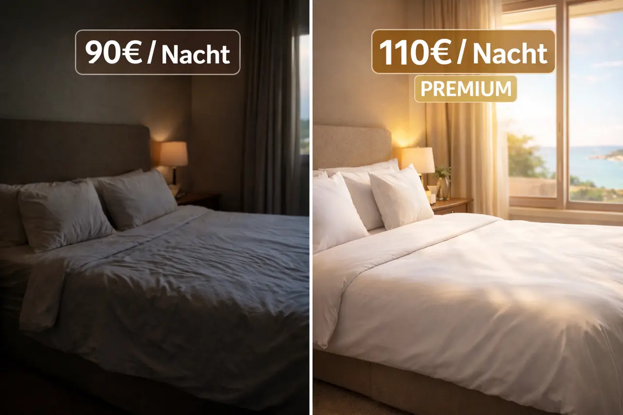 Ein Split-Screen-Vergleichsfoto. Links ein dunkles Handyfoto eines Schlafzimmers mit einem niedrigen Preisschild (90€). Rechts das gleiche Zimmer professionell, hell und einladend fotografiert mit einem höheren Preisschild (110€ Premium).