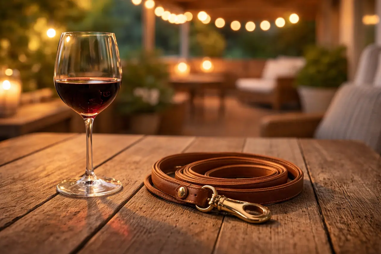 Eine edle Leder-Hundeleine und ein Glas Rotwein auf einem Holztisch auf der beleuchteten Terrasse einer Ferienwohnung am Abend.