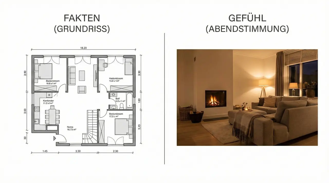 Grafik: Vergleich zwischen rationalem Grundriss und emotionalem Wohnzimmerfoto bei Nacht.