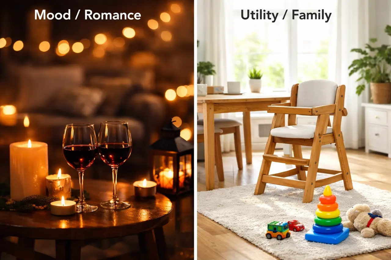 Split-Screen: Links romantische Stimmung für Paare, rechts familienfreundliche Ferienwohnung mit Spielzeug.