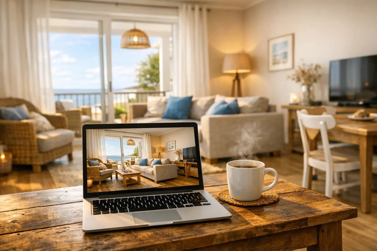 Ein Laptop auf einem Tisch in einer sonnigen Ferienwohnung, der die Optimierung von Bildern für Websites symbolisiert.