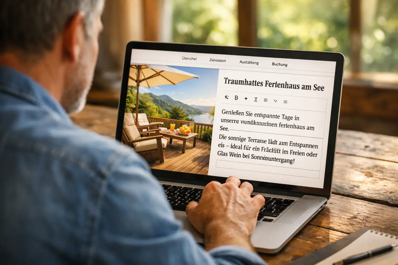 Ein Gastgeber schreibt am Laptop einen passenden, emotionalen Text direkt neben das optimierte Foto seiner Ferienwohnung.