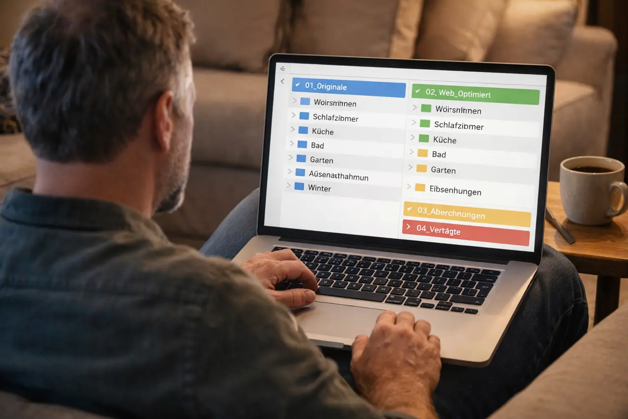 Ein Vermieter blickt auf seinen Laptop-Bildschirm und sortiert die Fotos seiner Ferienimmobilie in eine übersichtliche Ordnerstruktur ein.