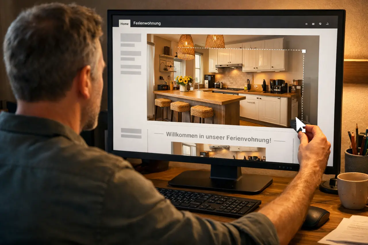 Ein Vermieter am Computer verkleinert die Pixelmaße eines Fotos, damit es exakt in das Layout seiner Ferienhaus-Website passt.