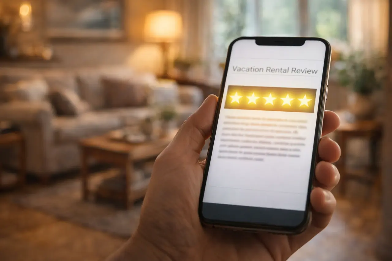 Ein Smartphone mit einer 5-Sterne-Bewertung im Vordergrund, unscharf im Hintergrund ein gemütliches, realistisch fotografiertes Wohnzimmer.