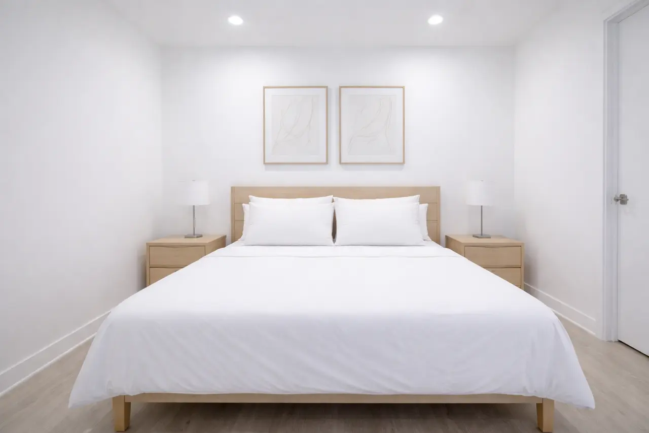 Ein extrem steriles, perfekt aufgeräumtes Schlafzimmer einer Ferienwohnung ohne persönliche Details oder Dekoration.