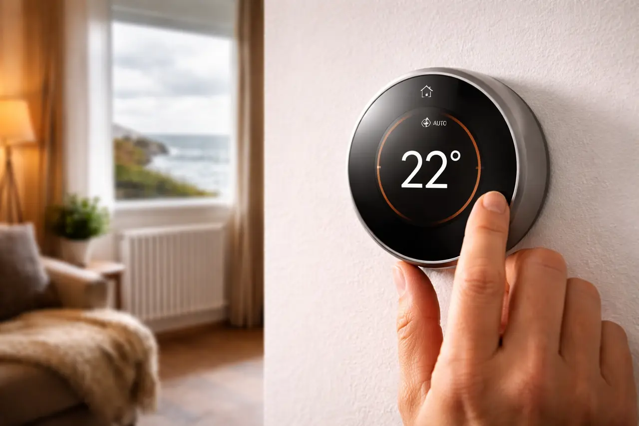 Eine Hand stellt ein modernes Smart-Home-Thermostat an der Wand einer Ferienwohnung ein, im Hintergrund sieht man einen Heizkörper.