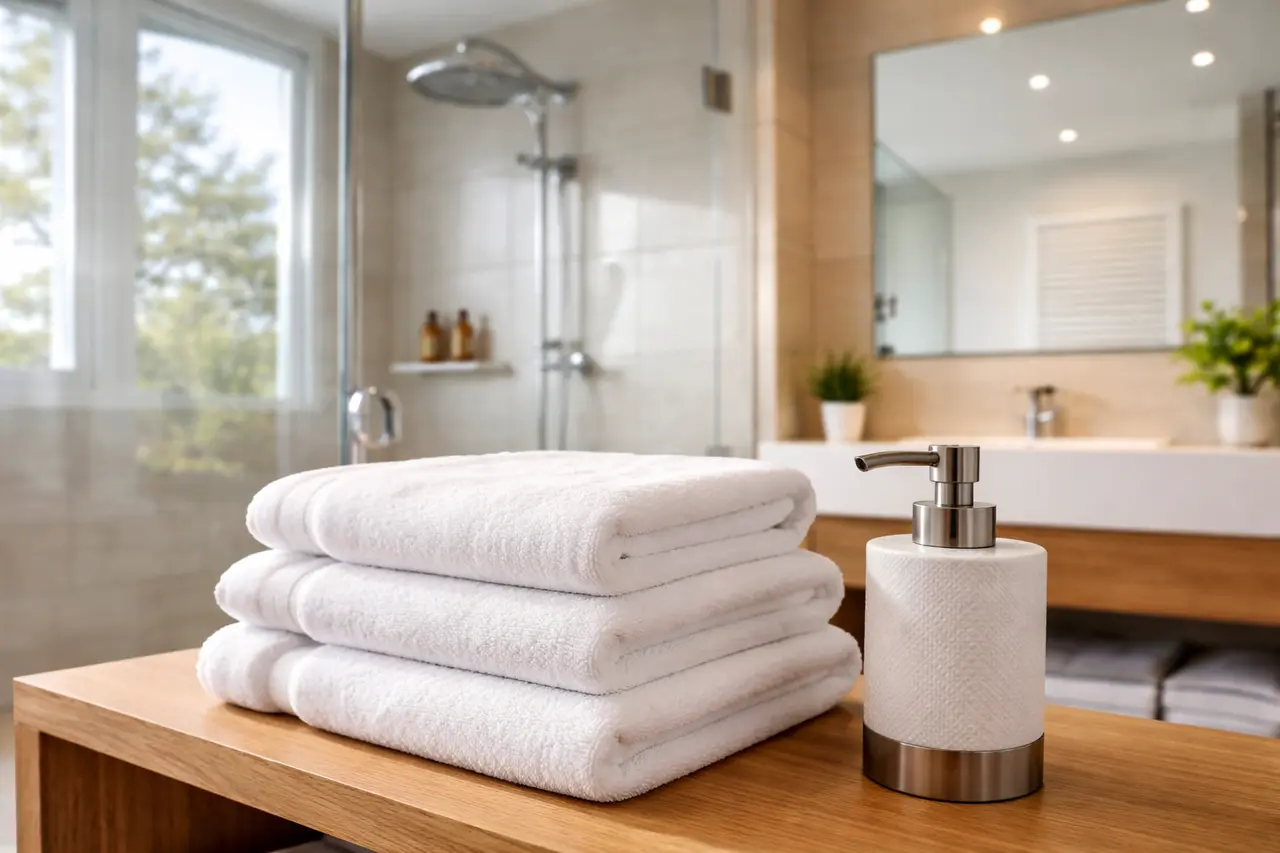 Ein strahlend sauberes, modernes Badezimmer einer Ferienwohnung mit perfekt gefalteten, weißen Handtüchern.