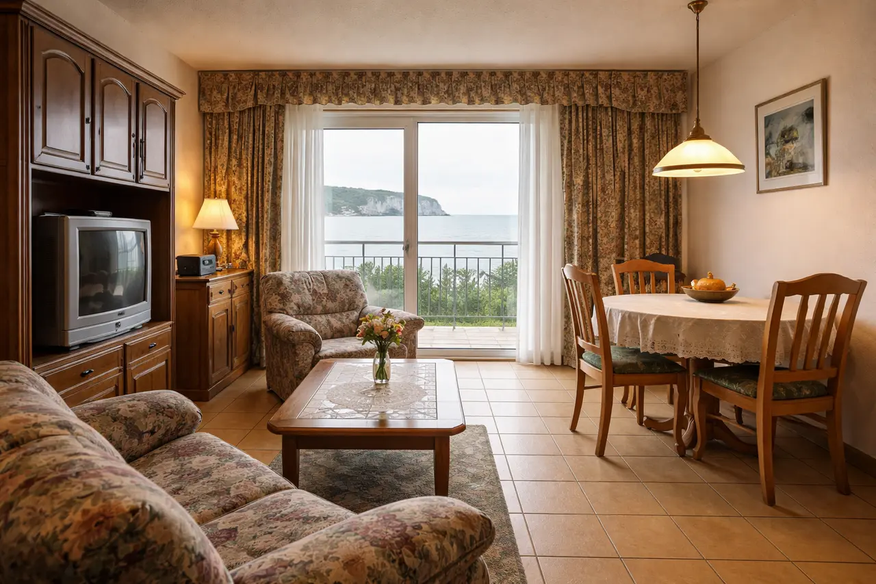 Ein altmodisch eingerichtetes Wohnzimmer einer Ferienwohnung mit beigefarbenen Fliesen und schweren Holzmöbeln der 90er Jahre.