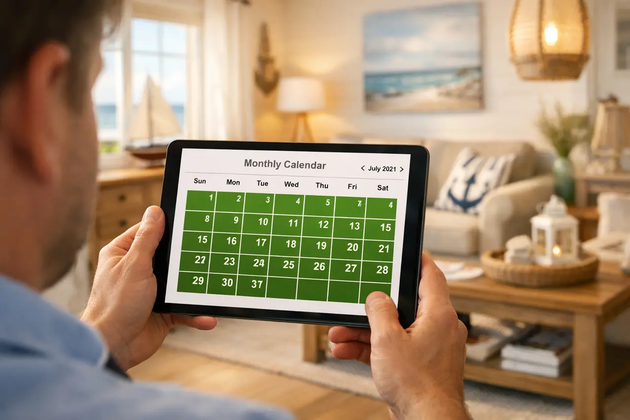Eine Hand hält ein Tablet mit einem komplett grün markierten, vollen Buchungskalender für eine Ferienwohnung, im Hintergrund ein modernes, helles Wohnzimmer.