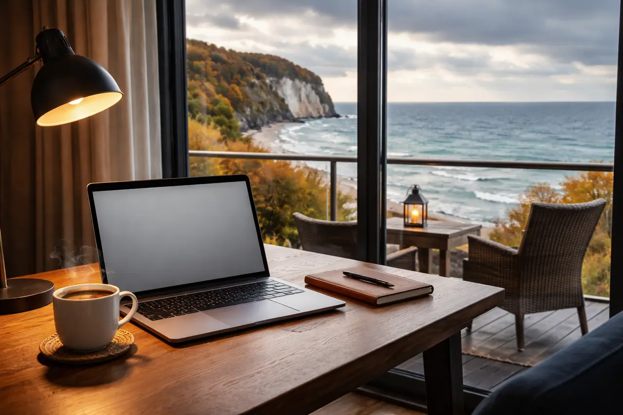 Ein moderner, ergonomischer Arbeitsplatz mit Laptop in einer Ferienwohnung mit Blick auf die Ostsee an einem Herbsttag.
