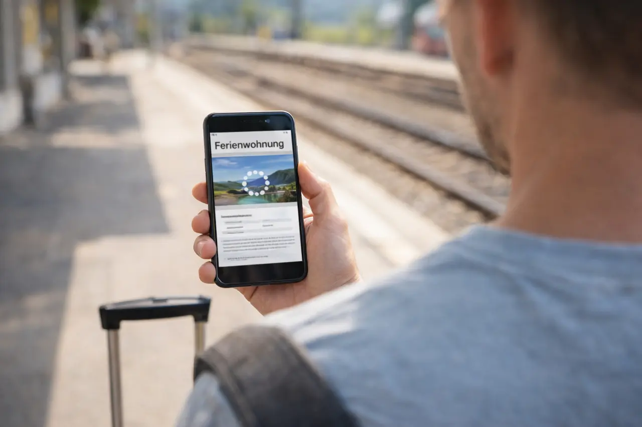 Ein Reisender wartet am Bahnhof ungeduldig darauf, dass die riesigen Bilder einer extrem langsamen Ferienwohnung-Website auf seinem Handy laden.