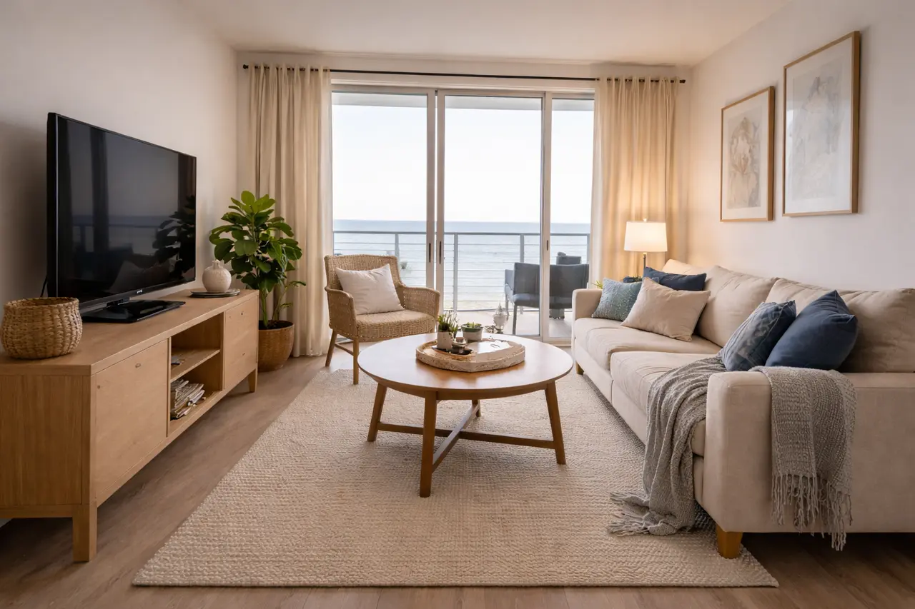 Ein professionell fotografiertes, warmes Wohnzimmer einer Ferienwohnung ohne störende Kabel, mit exakt geraden Linien und gemütlichem Licht.