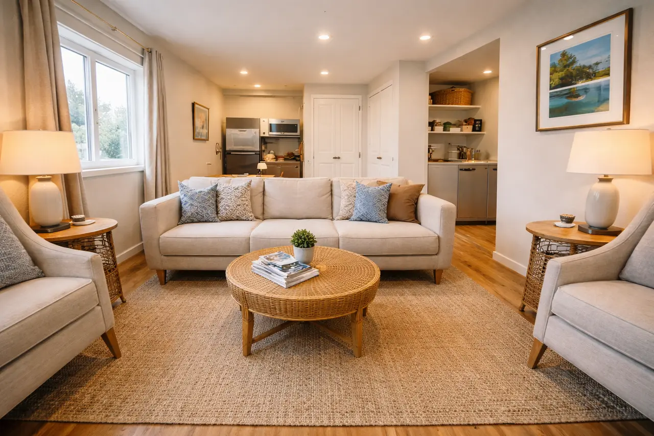 Ein professionell fotografiertes Wohnzimmer einer Ferienwohnung mit leichtem Weitwinkel, das den Raum ehrlich und ohne Verzerrungen zeigt.