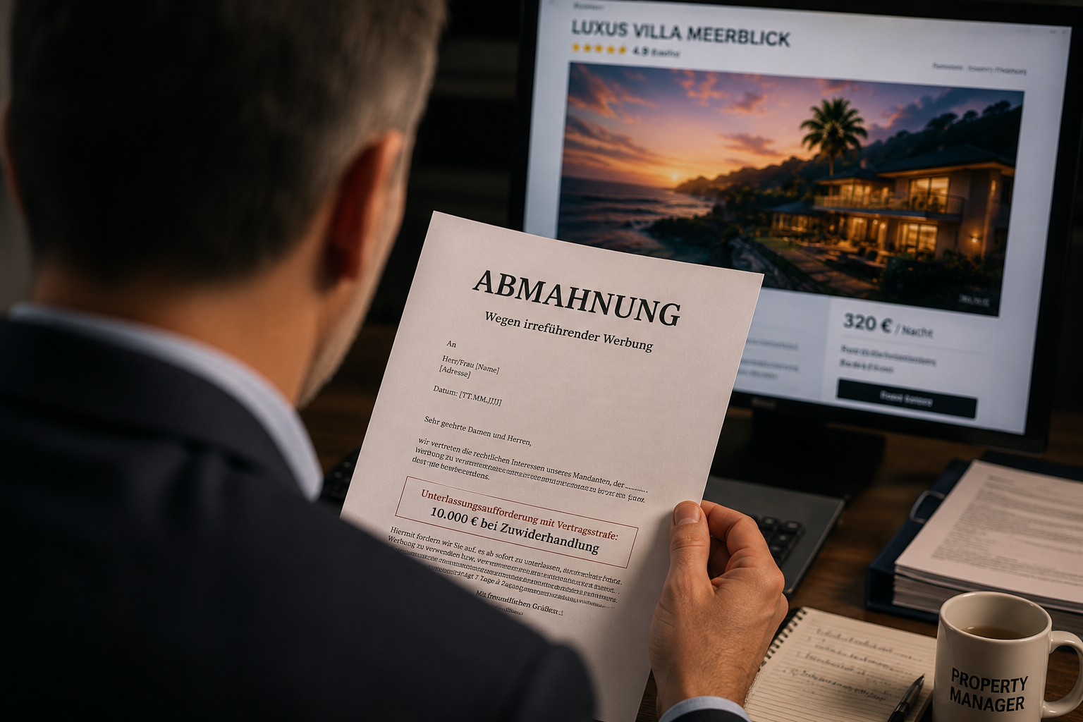 Ein Vermieter liest angespannt eine rechtliche Abmahnung, während am Monitor ein KI-manipuliertes Foto zu sehen ist.