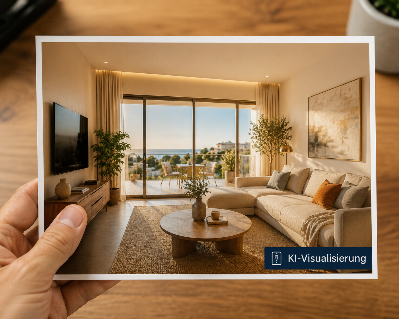 Ein Immobilienfoto mit einem deutlichen, professionellen Wasserzeichen 'KI-Visualisierung', das Transparenz und Vertrauen signalisiert.