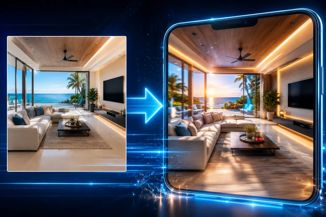 Vergleich: Links ein statisches 2D-Foto eines Wohnzimmers, rechts ein dynamischer 3D-Video-Rundgang auf einem Smartphone.