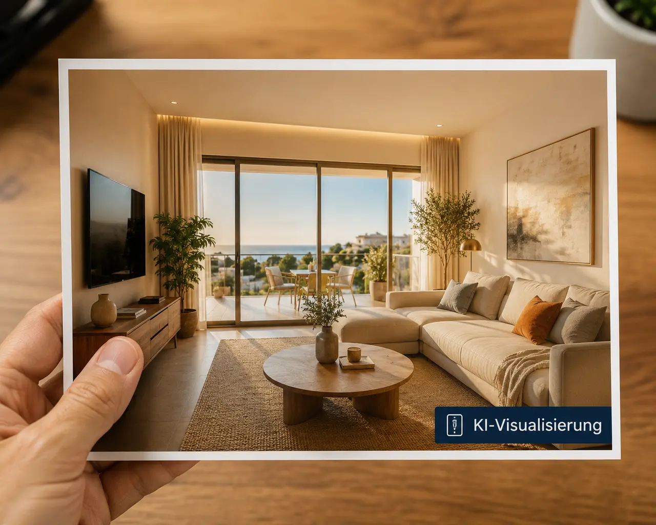 Ein Immobilienfoto mit einem deutlichen, professionellen Wasserzeichen 'KI-Visualisierung', das Transparenz und Vertrauen signalisiert.